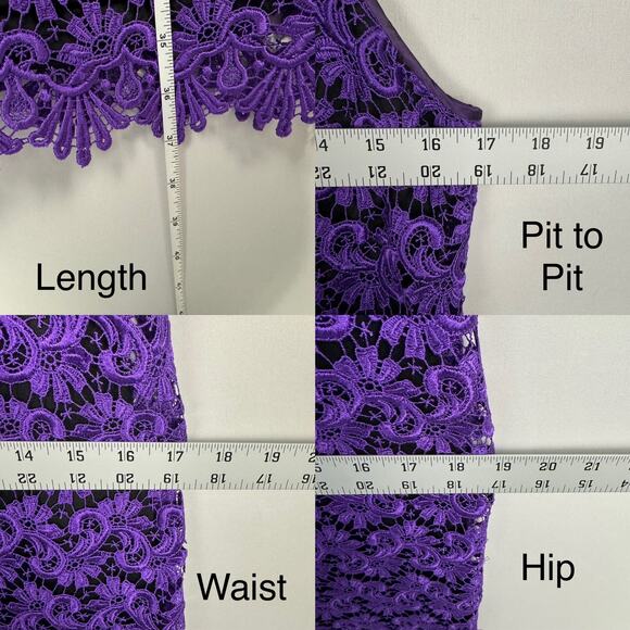 Muse Purple Embroidered Lace Satin Trim Sleeveless Sheath Knee Length Dress Sz 6 - Picture 6 of 7